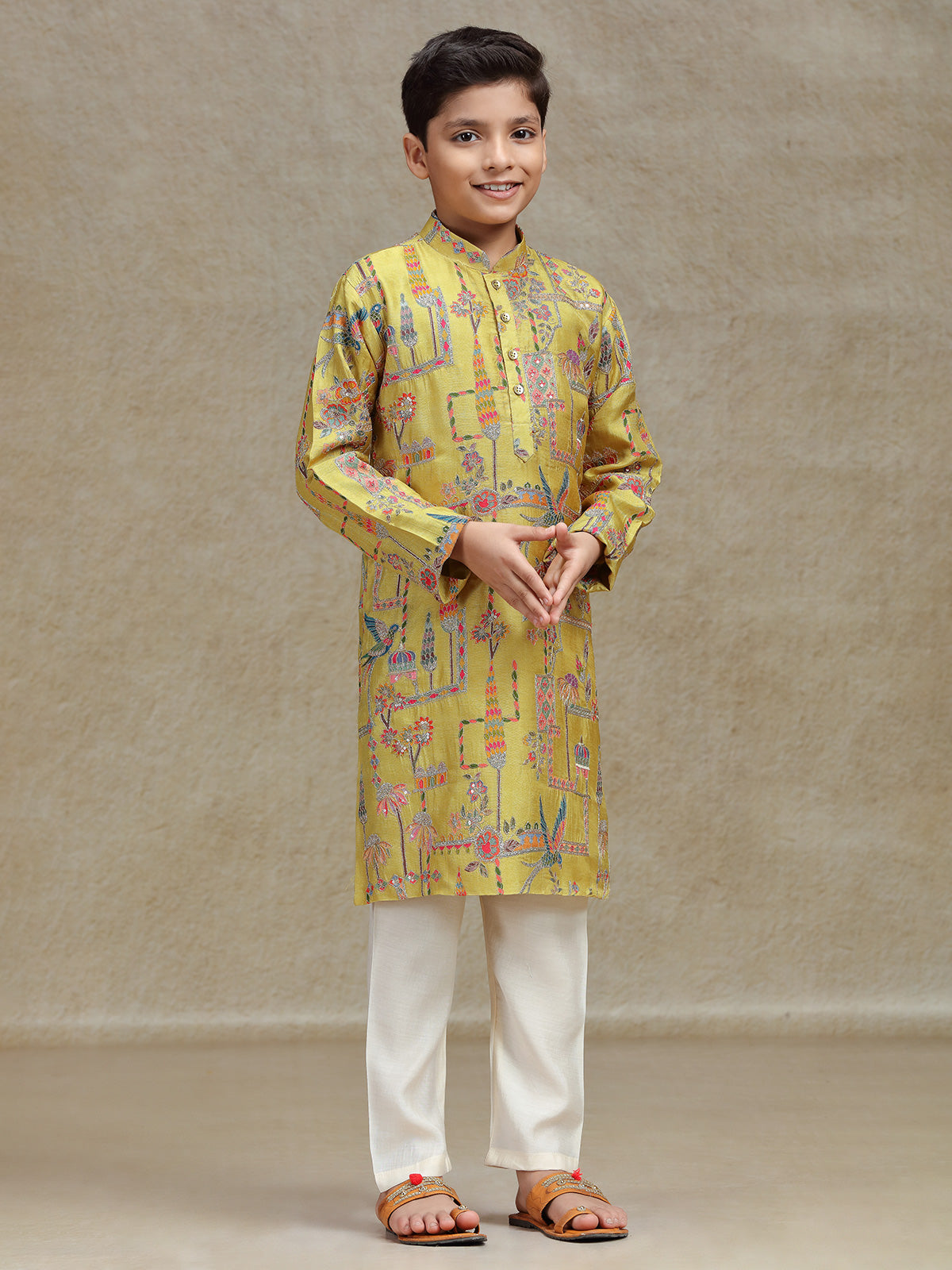 Yellow silk kurta suit for boys with print