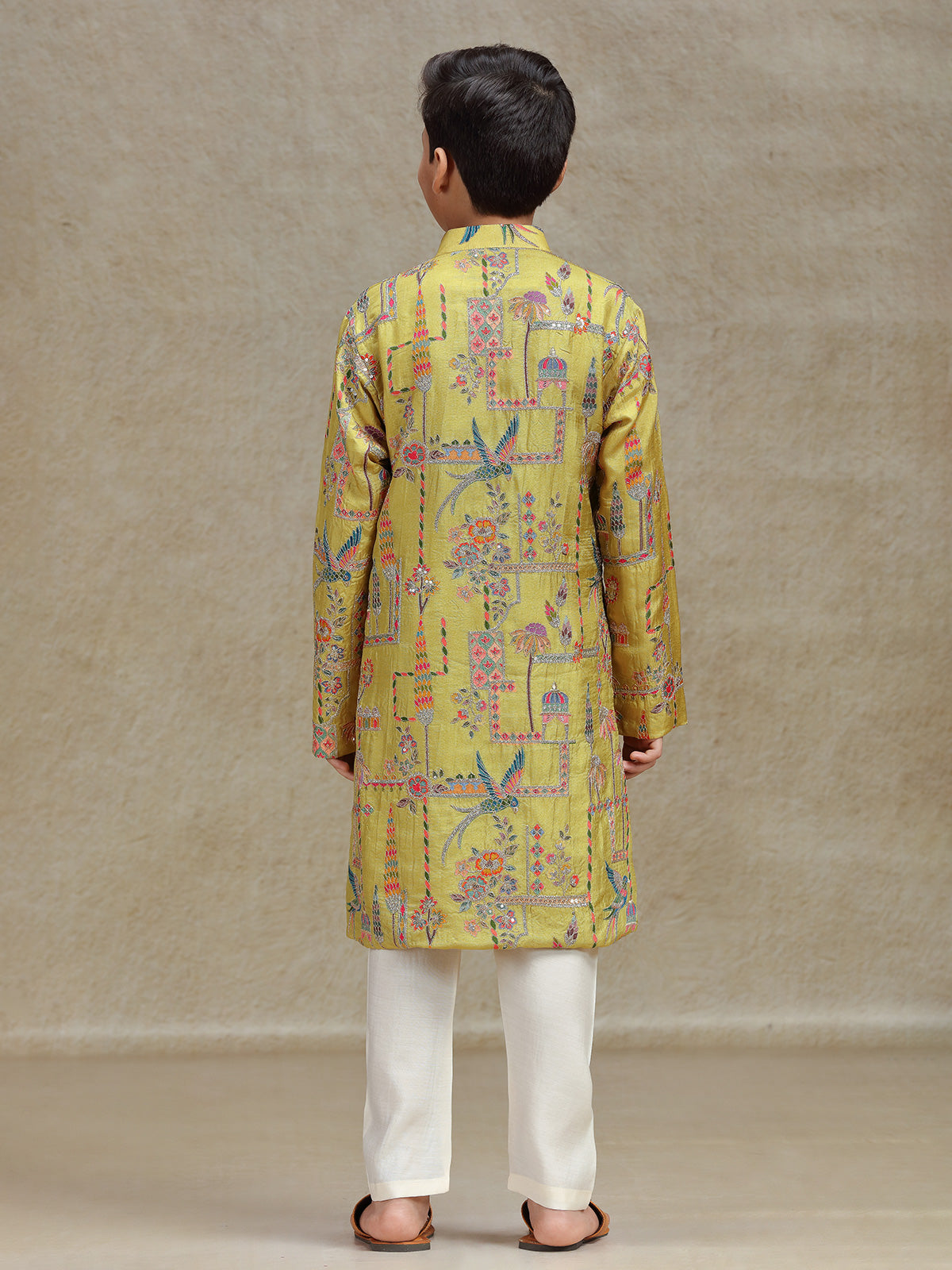 Yellow silk kurta suit for boys with print