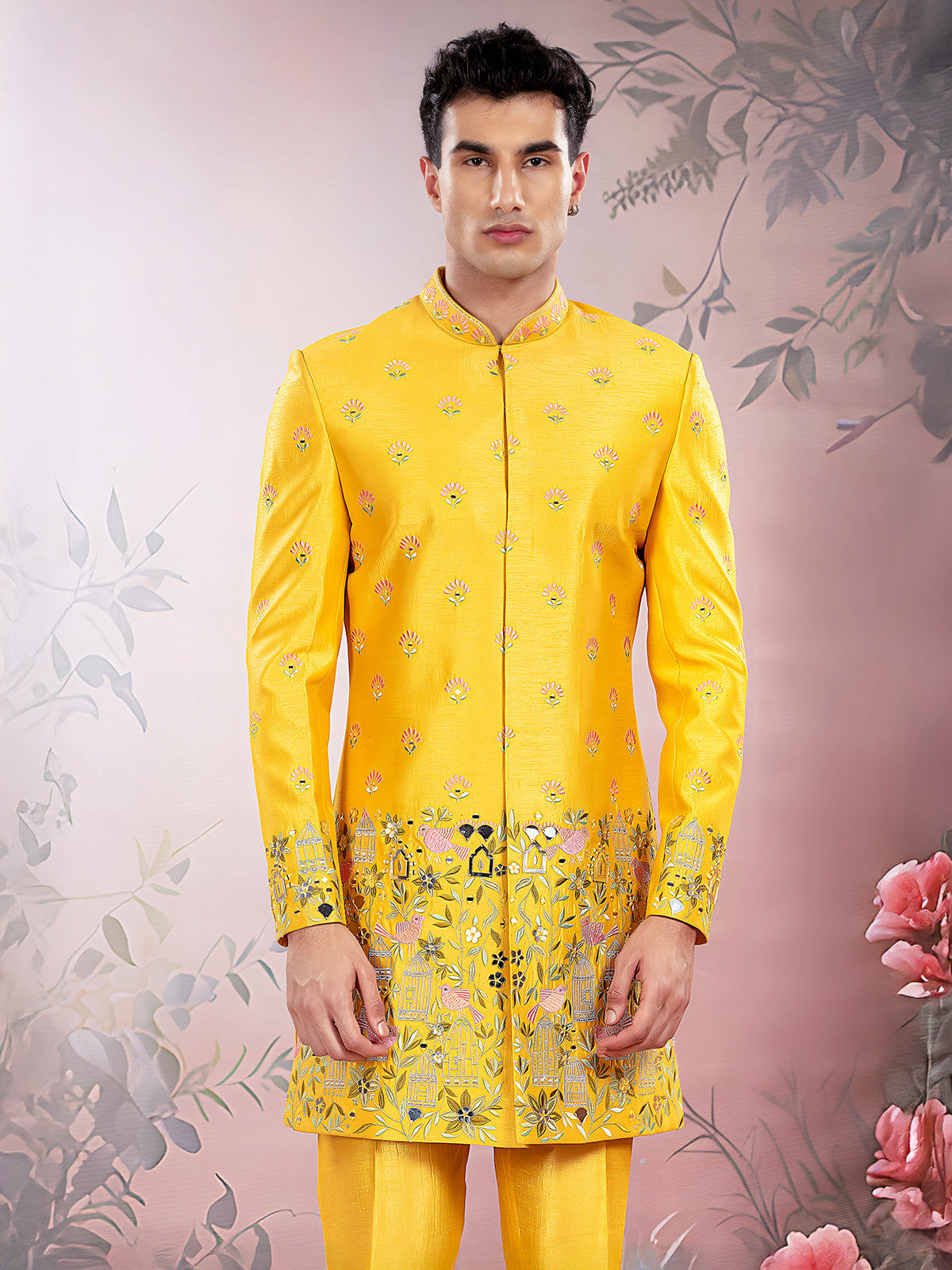 Yellow silk wedding wear indowestern set for men