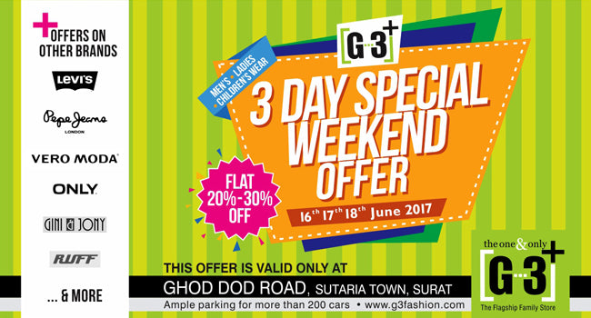 G3+ 3 Days Weekend Sale Offer Flat 20% - 50% On All Products - G3Surat and G3fashion.com