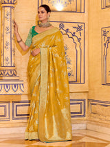 Bright yellow banarasi crepe silk saree
