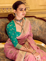 Festive pink banarasi crepe silk saree
