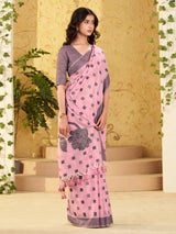 Pink linen silk woven work saree