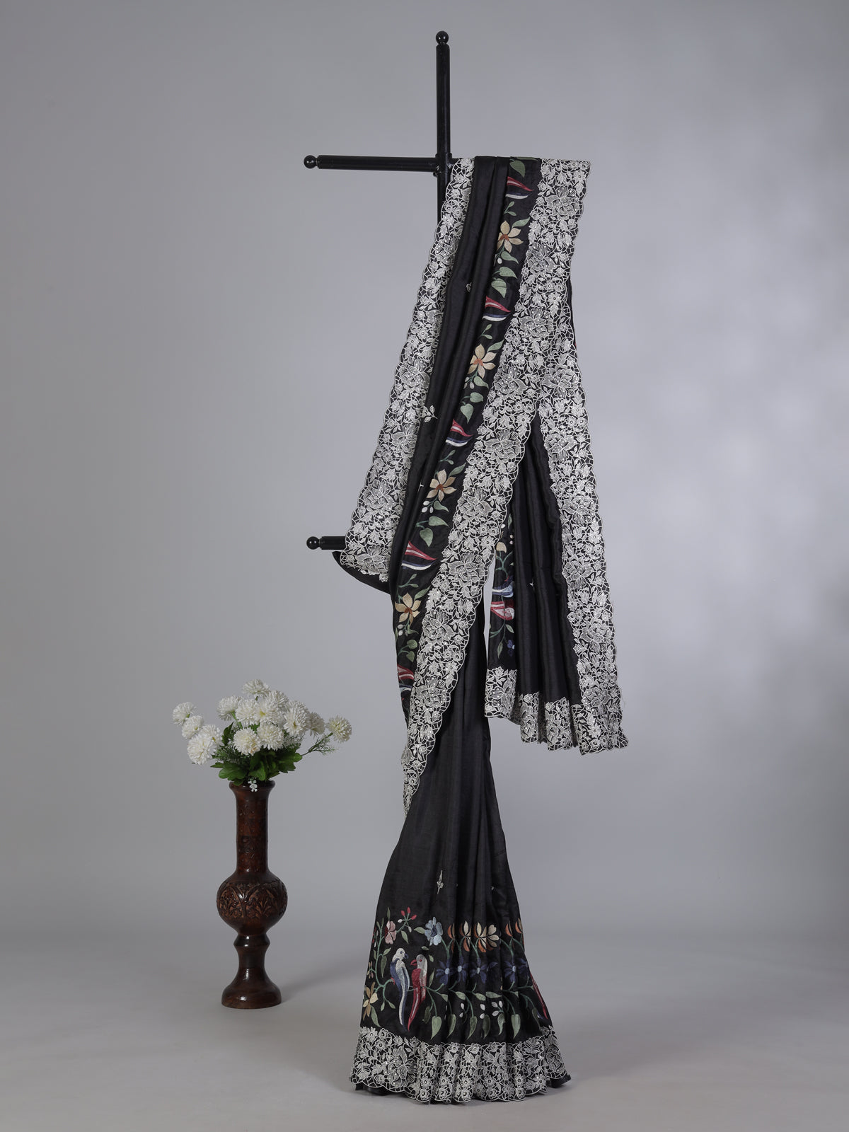 Black semi tusser silk saree with rich sequin work