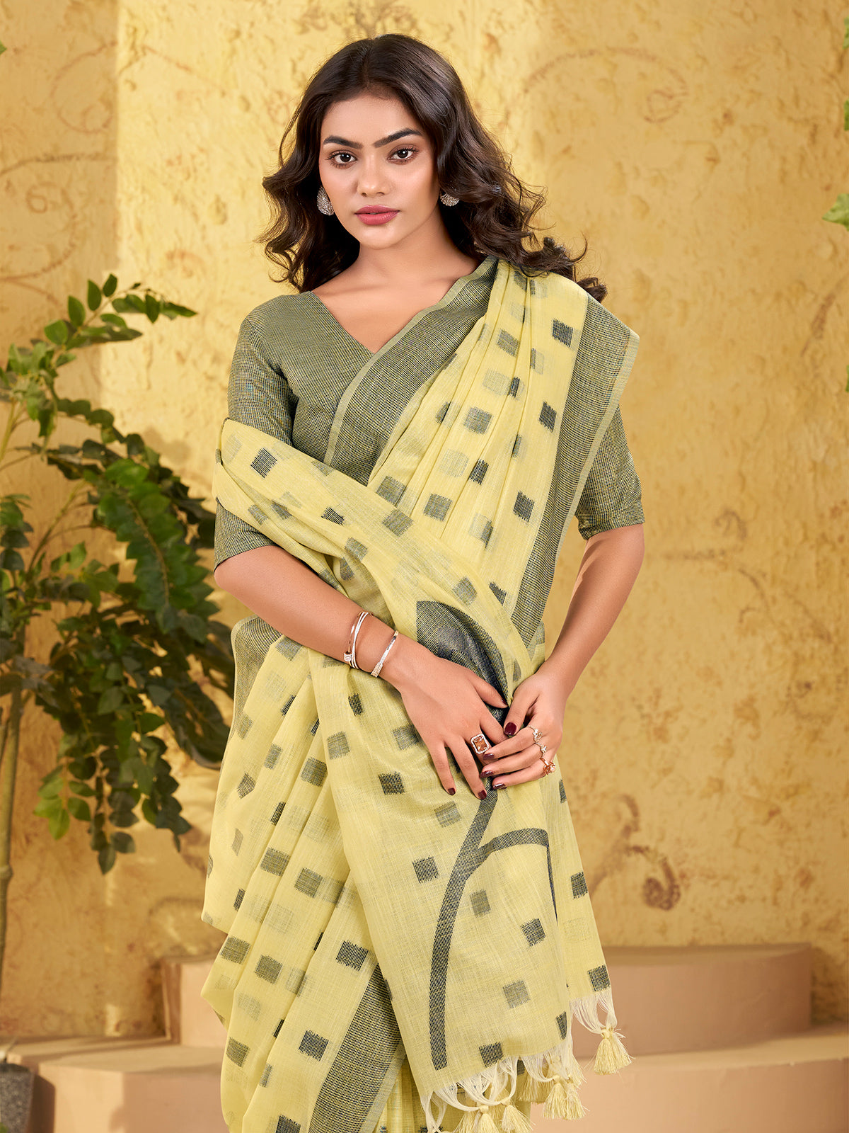 Yellow linen silk woven work saree