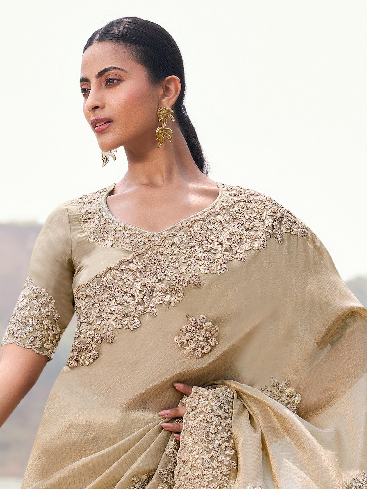 Beige tissue silk embellished saree