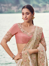 Cream satin silk designer saree