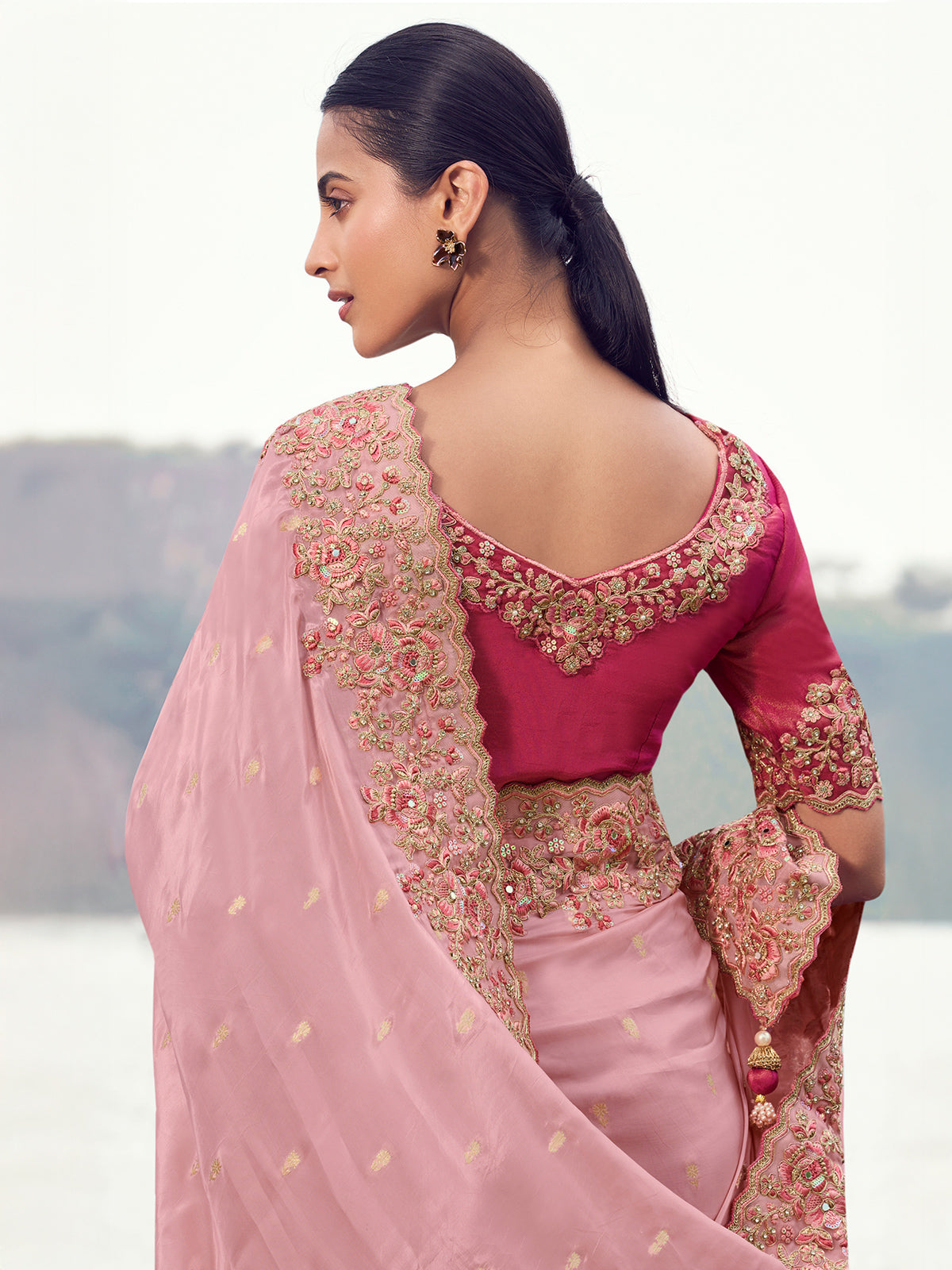 Pink tissue organza festive saree