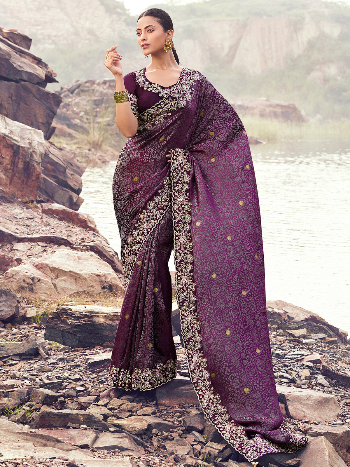 Wine satin silk bridal saree