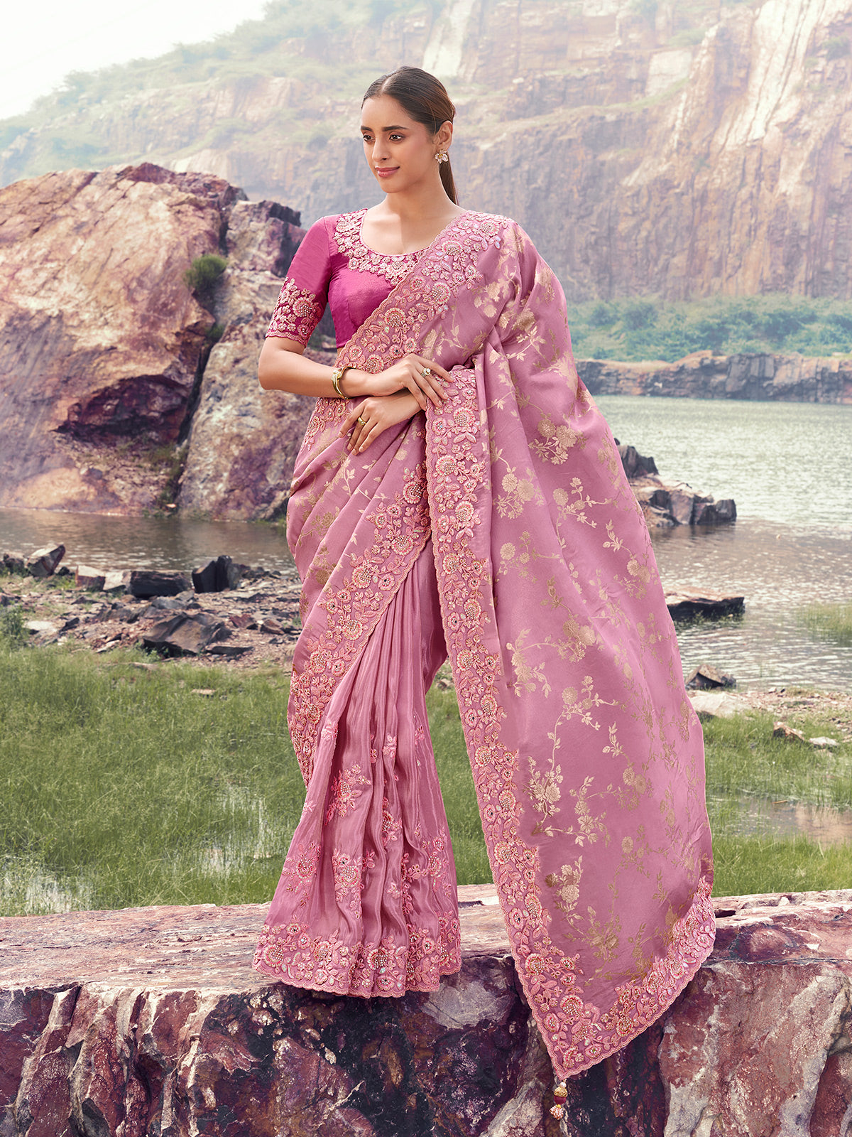 Onion pink saree for wedding and tissue silk
