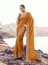 Mustard yellow satin silk saree for wedding wear