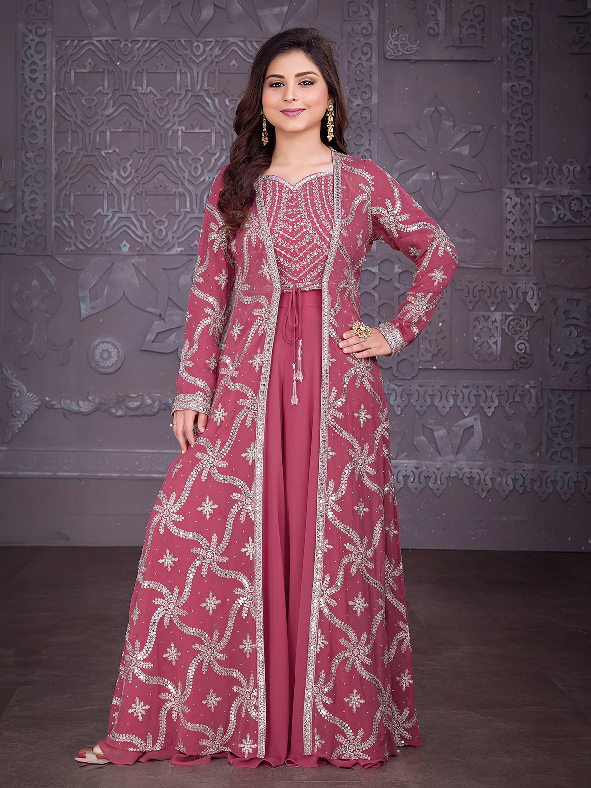 Light maroon georgette palazzo suit with long shrug
