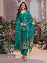 Rama green silk anarkali suit with printed dupatta
