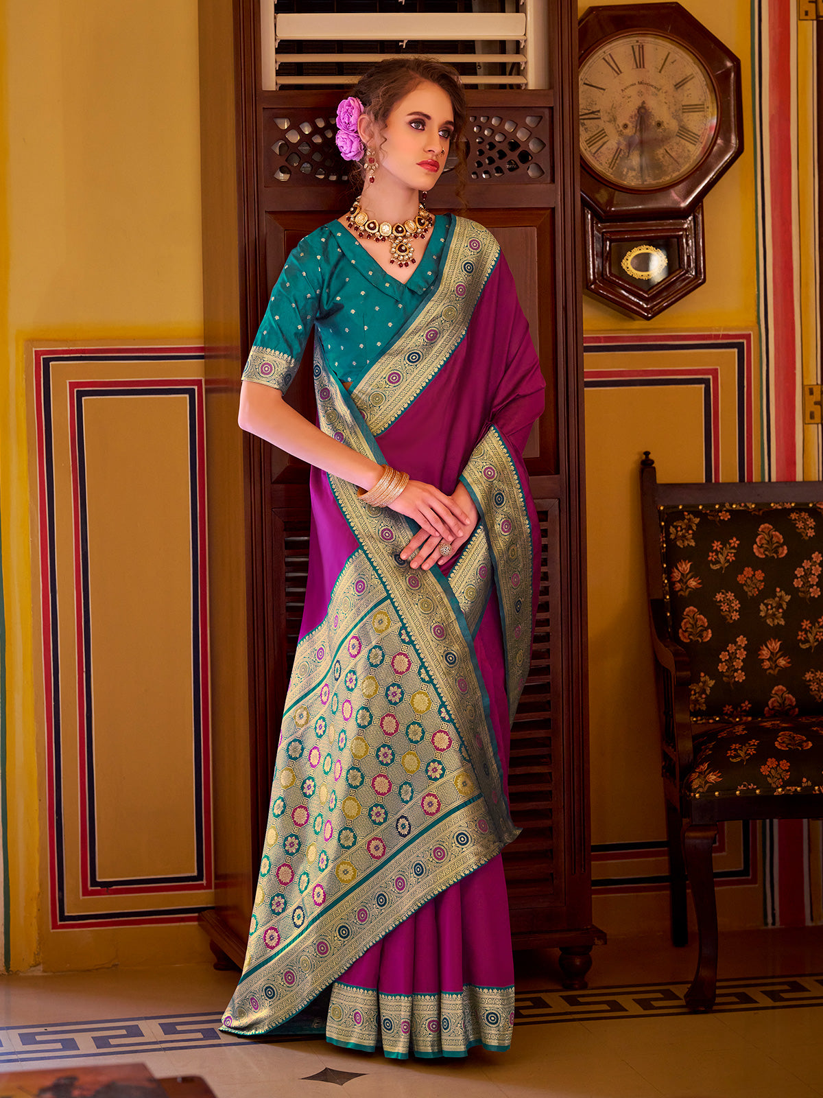 Purple soft silk saree with zari border