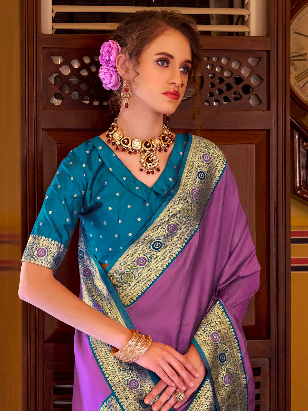 Lavender silk saree with elegant zari border