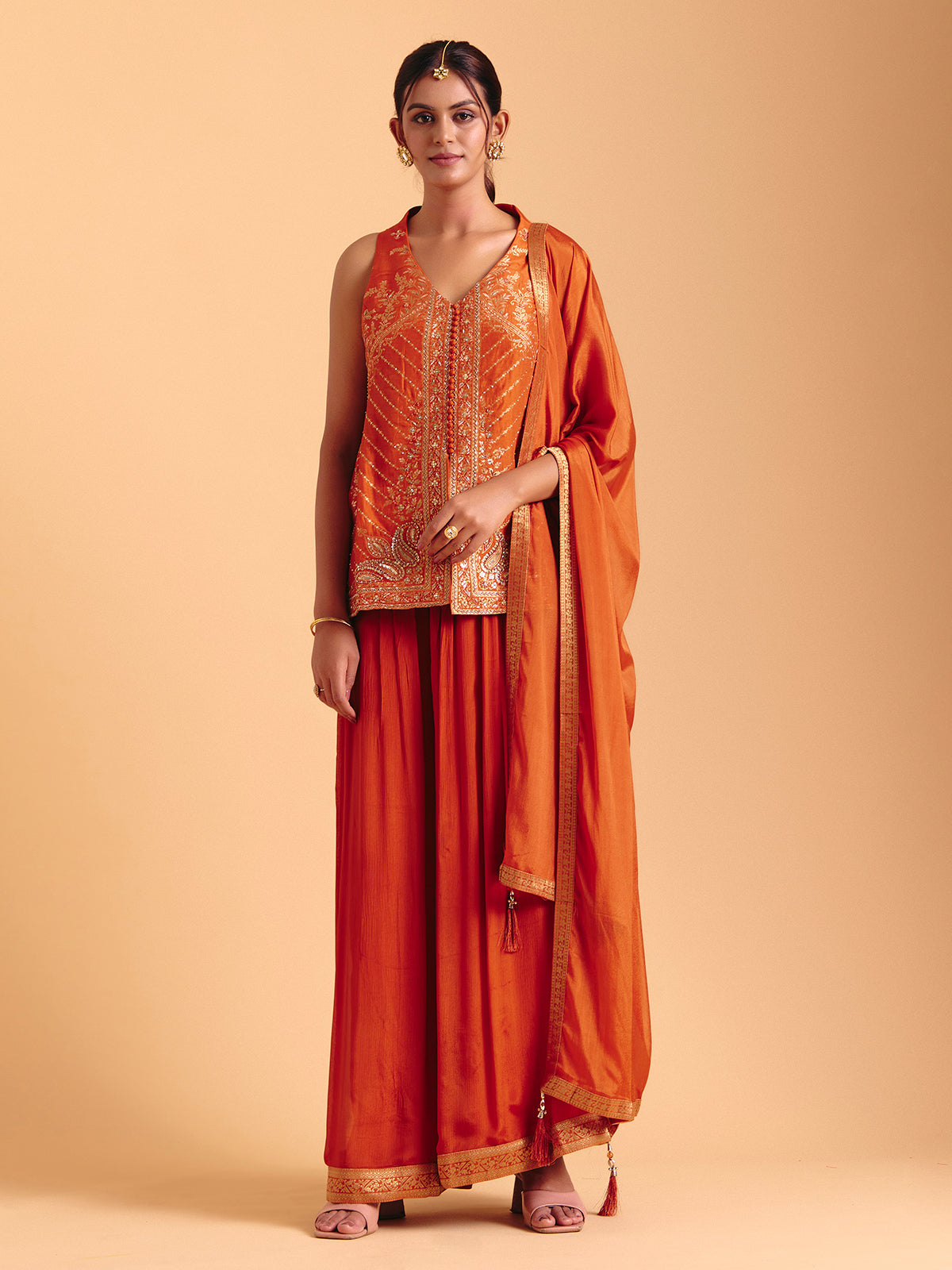 Orange tissue silk palazzo suit with zari glow