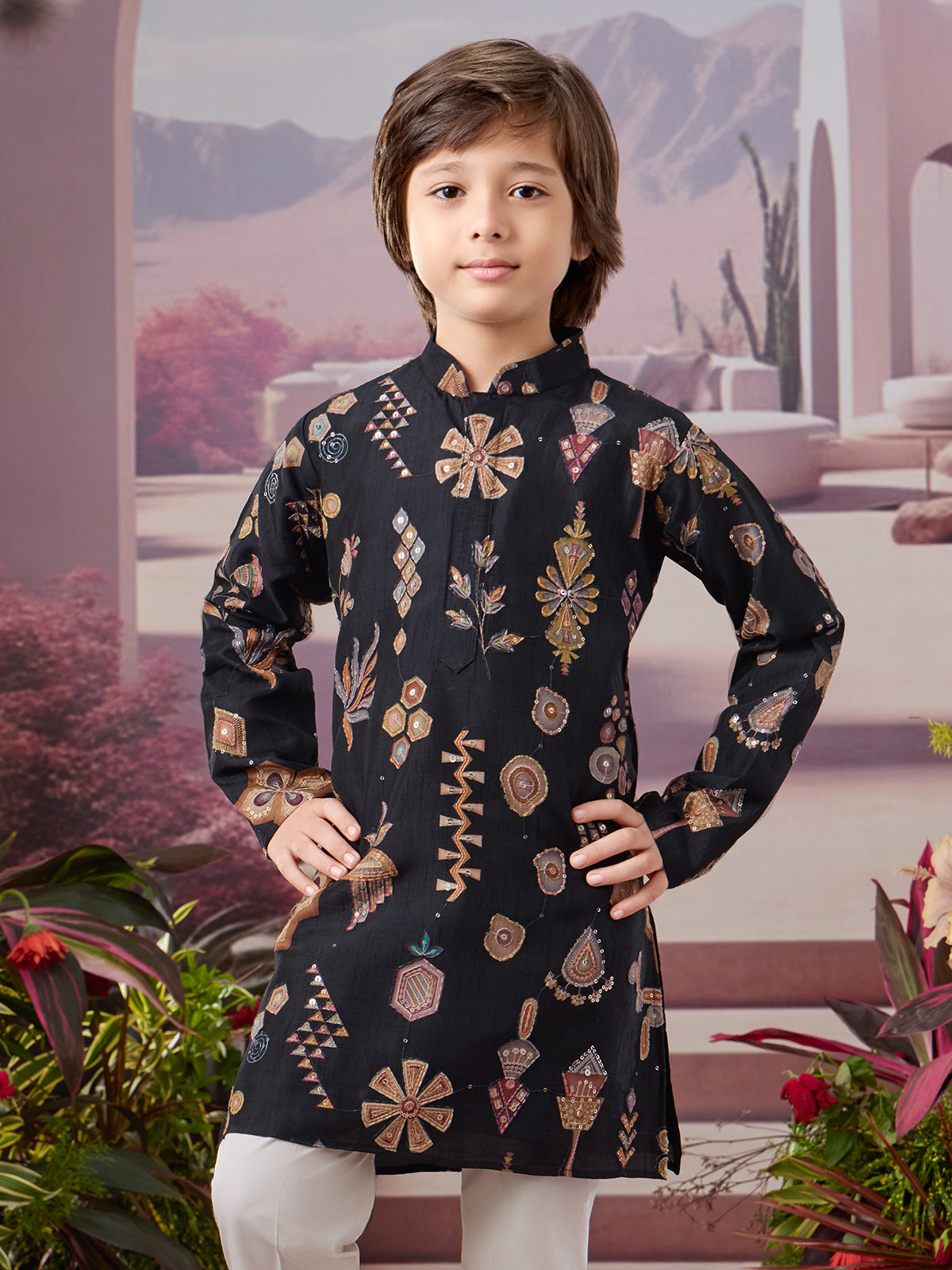 Black silk kurta set with festive shimmer
