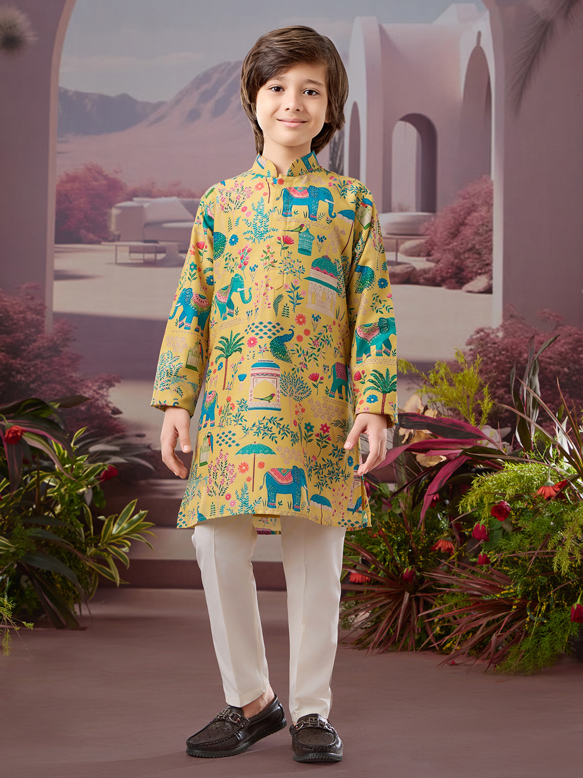Yellow silk kurta set with vibrant prints
