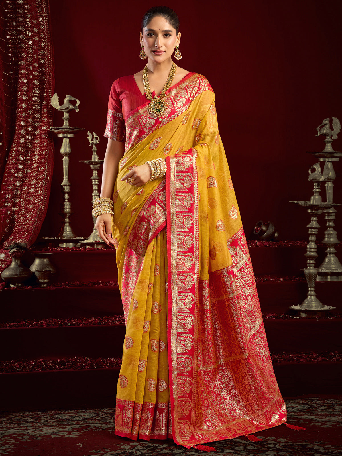 Mustard yellow modal silk banarasi saree