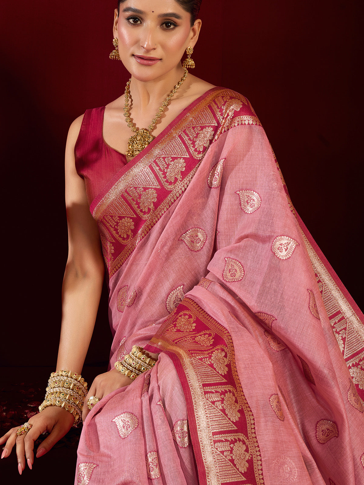 Pink modal silk banarasi zari saree