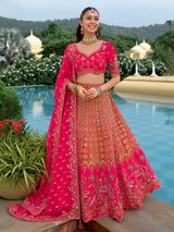 Pink silk wedding wear lehehnga choli with cutwork
