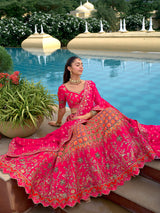 Pink silk wedding wear lehehnga choli with cutwork