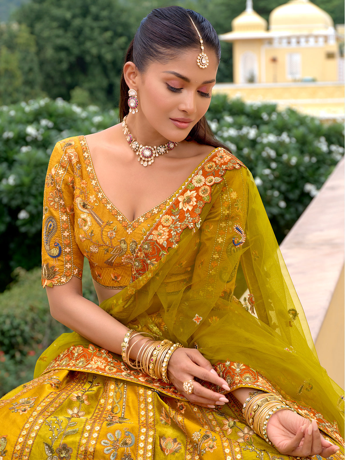 Yellow haldi wear silk lehenga choli
