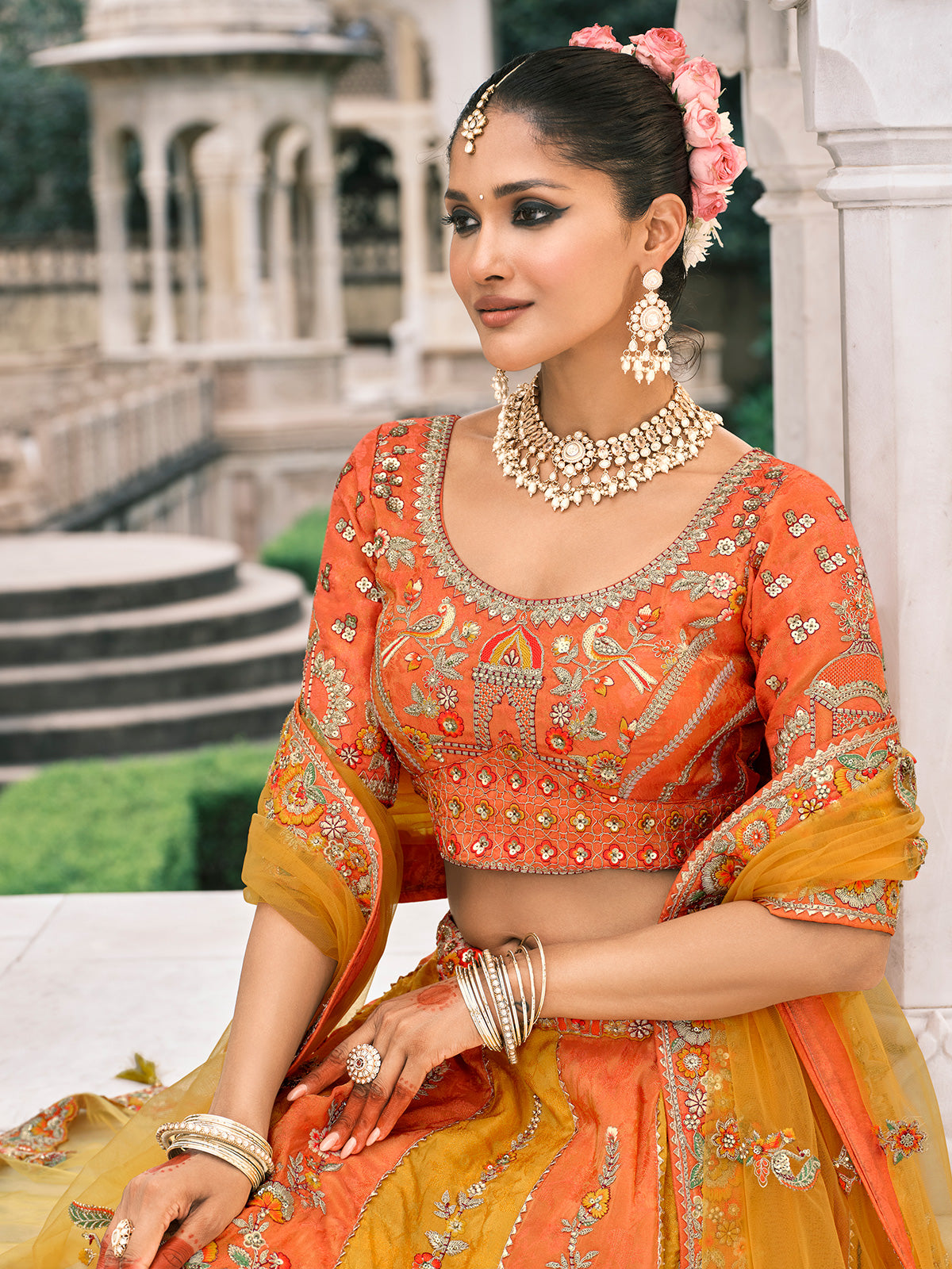 Orange and yellow silk lehenga choli with sequins work