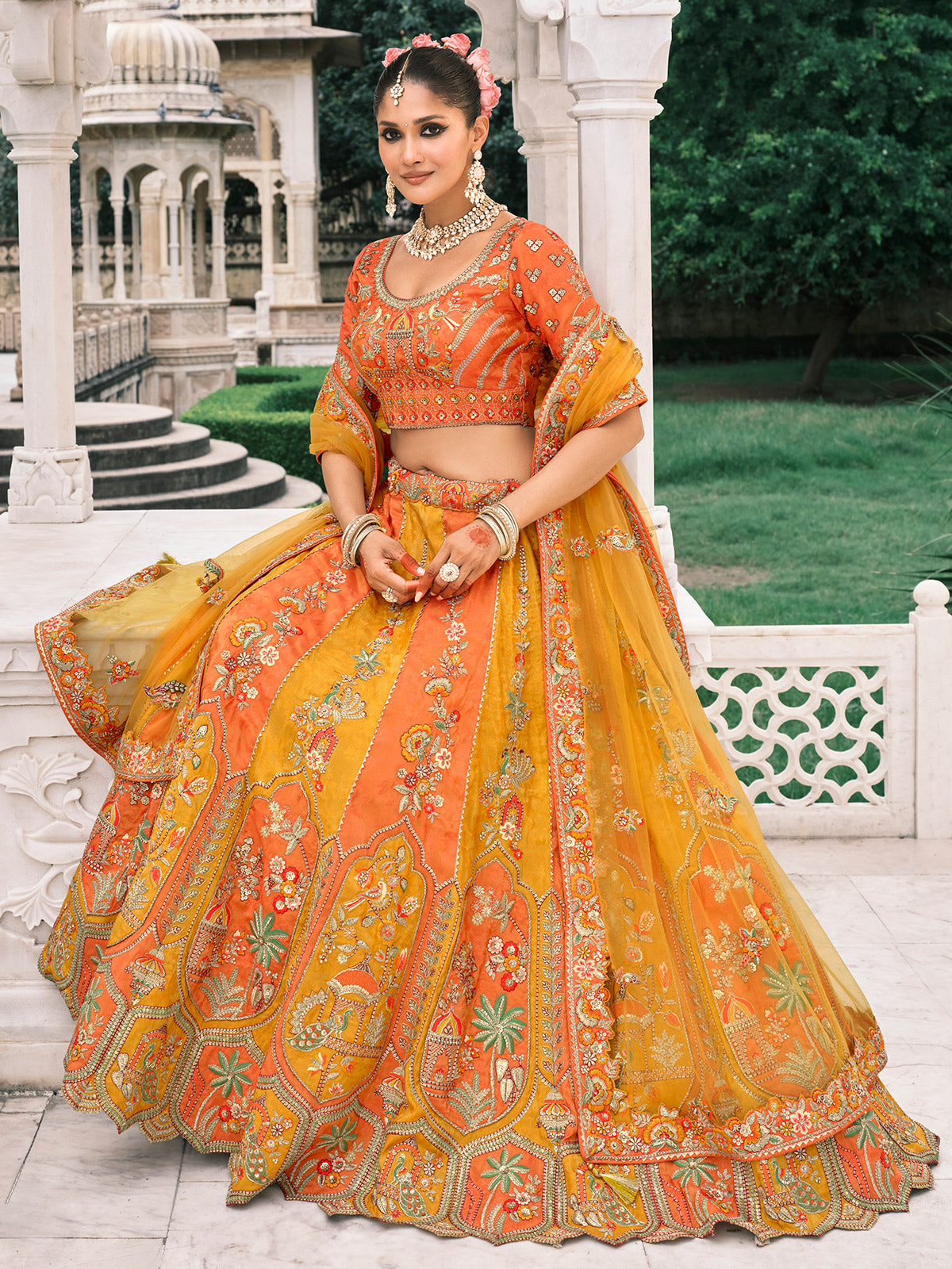Orange and yellow silk lehenga choli with sequins work