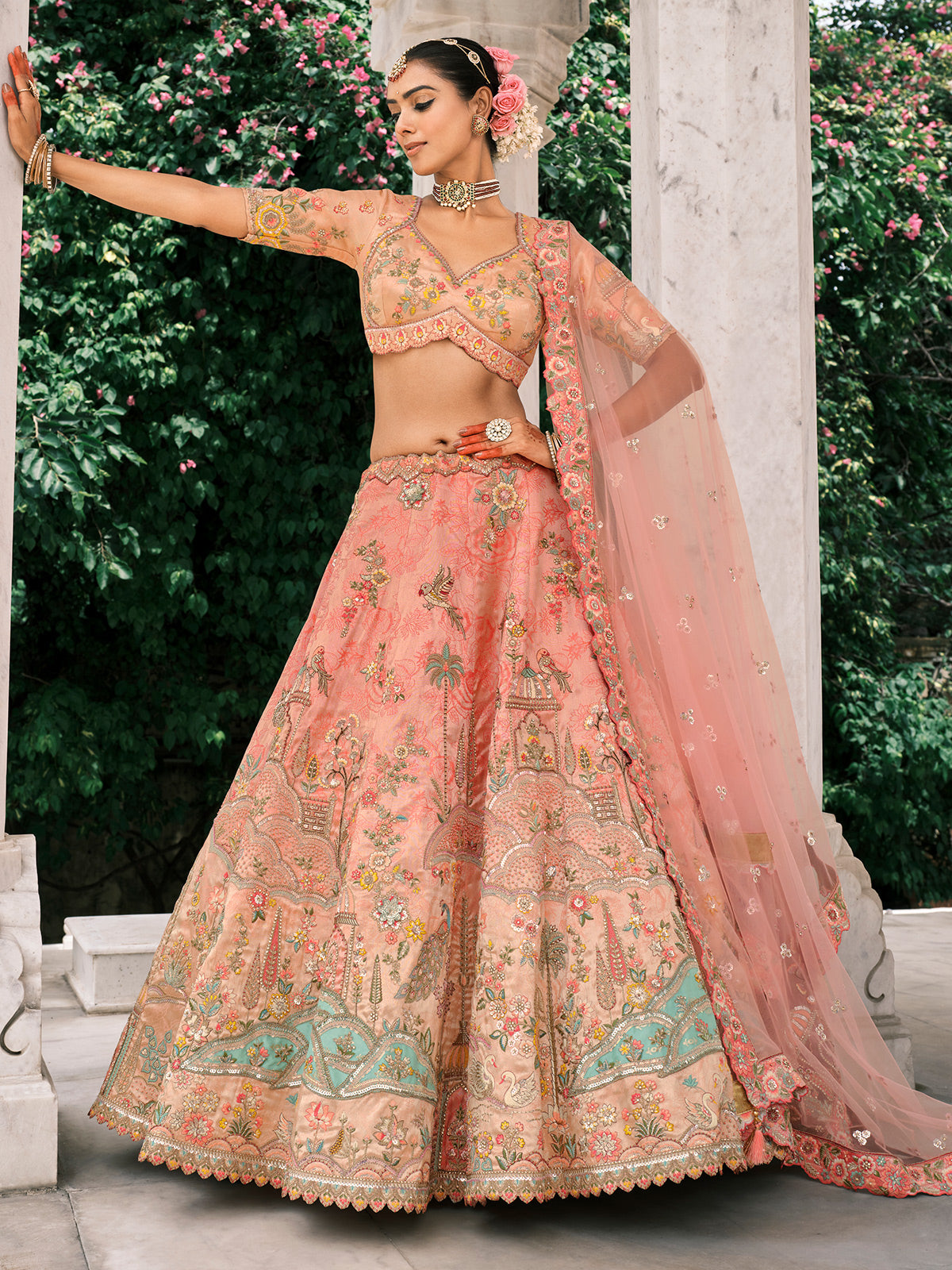 Peach silk lehenga choli for wedding with embroidery work