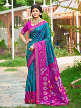 Rama blue silk printed saree with bold blouse and border