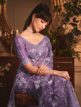 Purple tissue organza saree with sequins work
