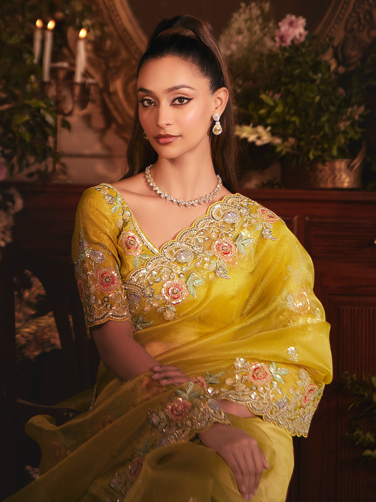 Yellow tissue organza wedding wear saree