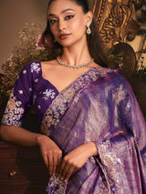 Purple tissue organza saree for reception