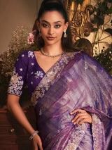Purple tissue organza saree for reception