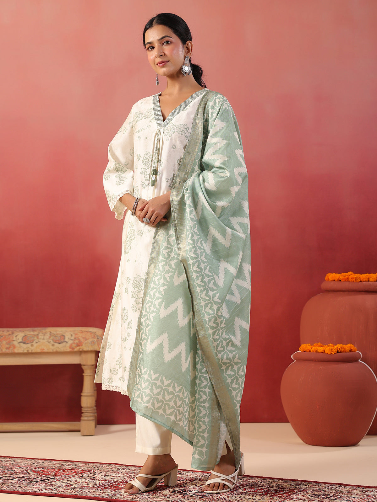 Pista green floral printed silk kurti set
