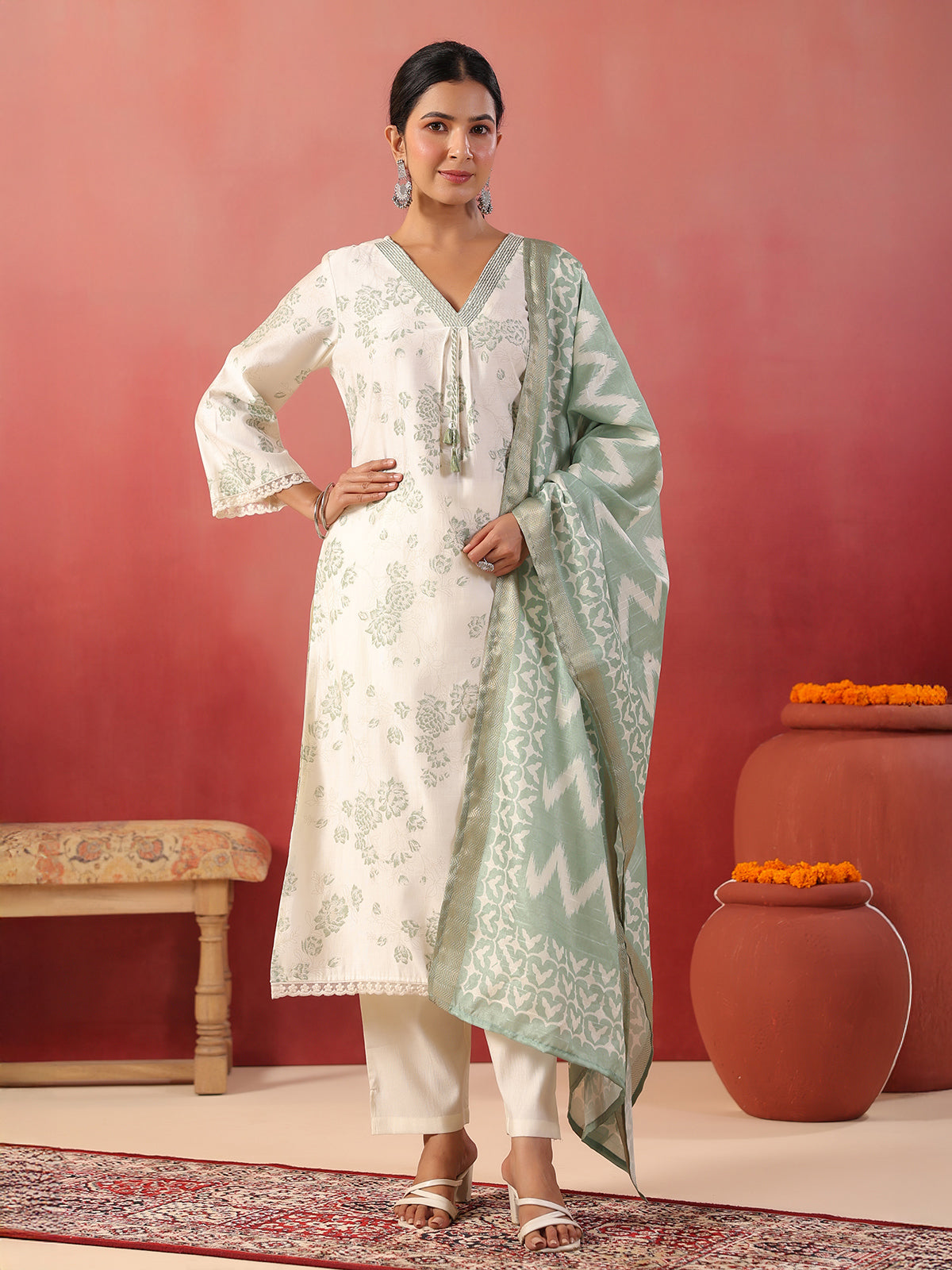 Pista green floral printed silk kurti set