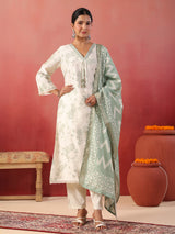 Pista green floral printed silk kurti set