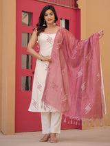 Off white cotton silk kurti set with thread work