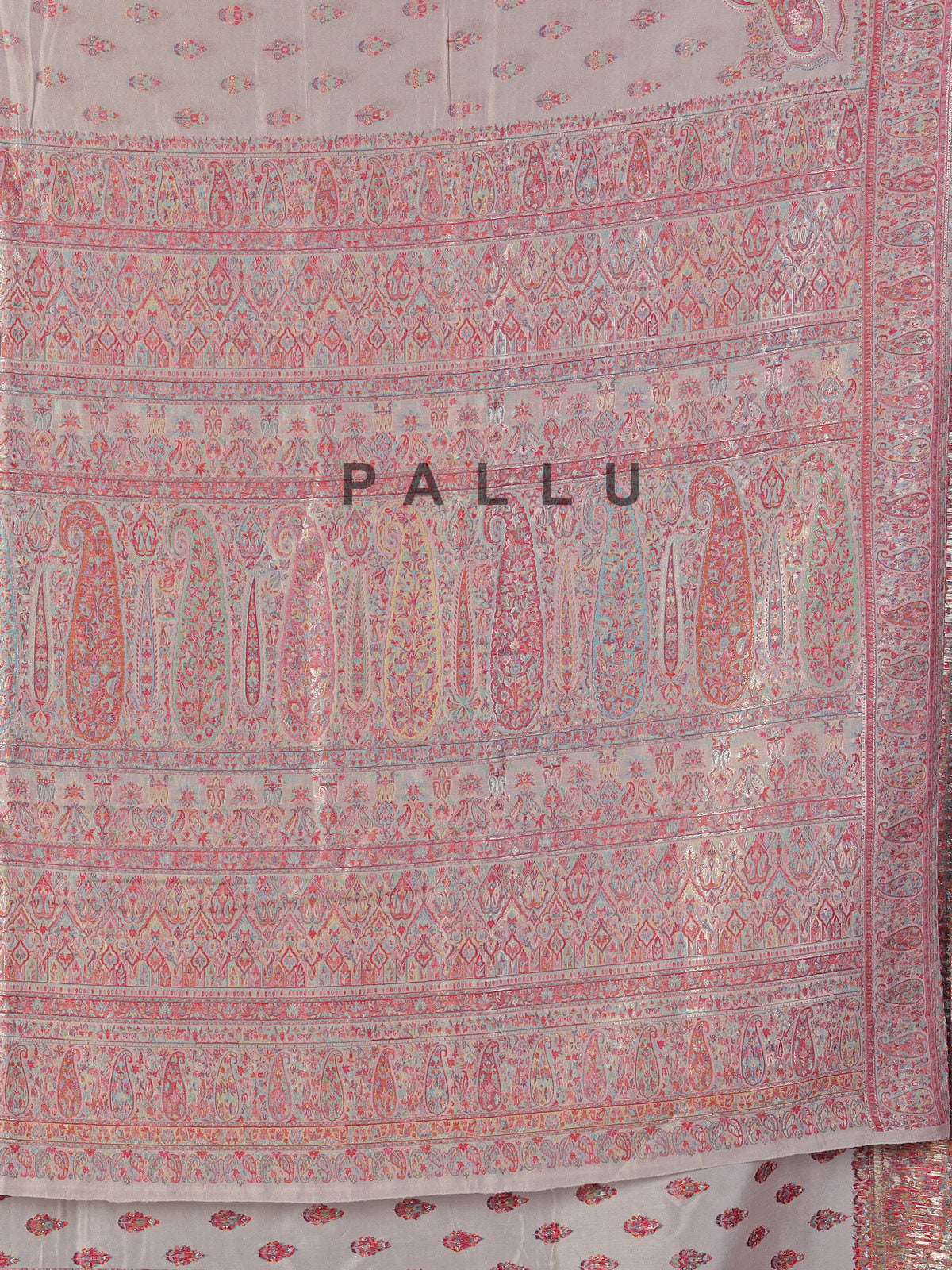 Beige pashmina silk saree with zari motifs