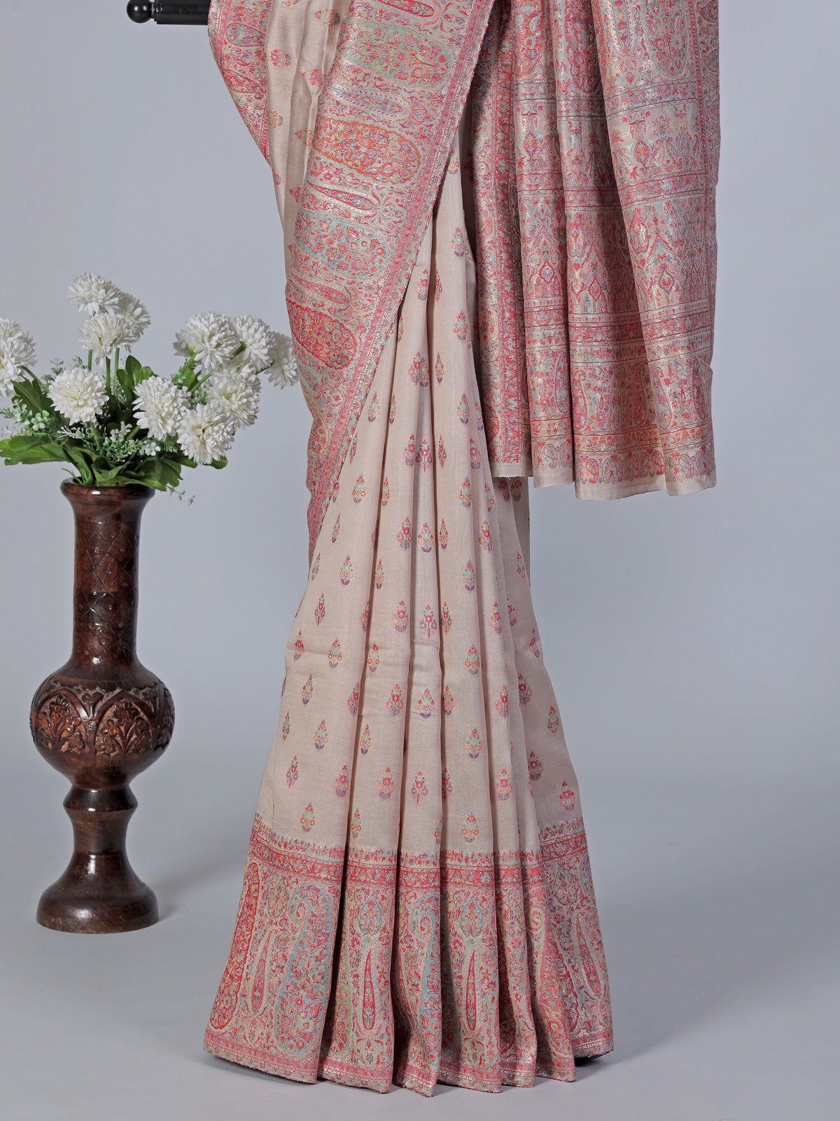 Beige pashmina silk saree with zari motifs