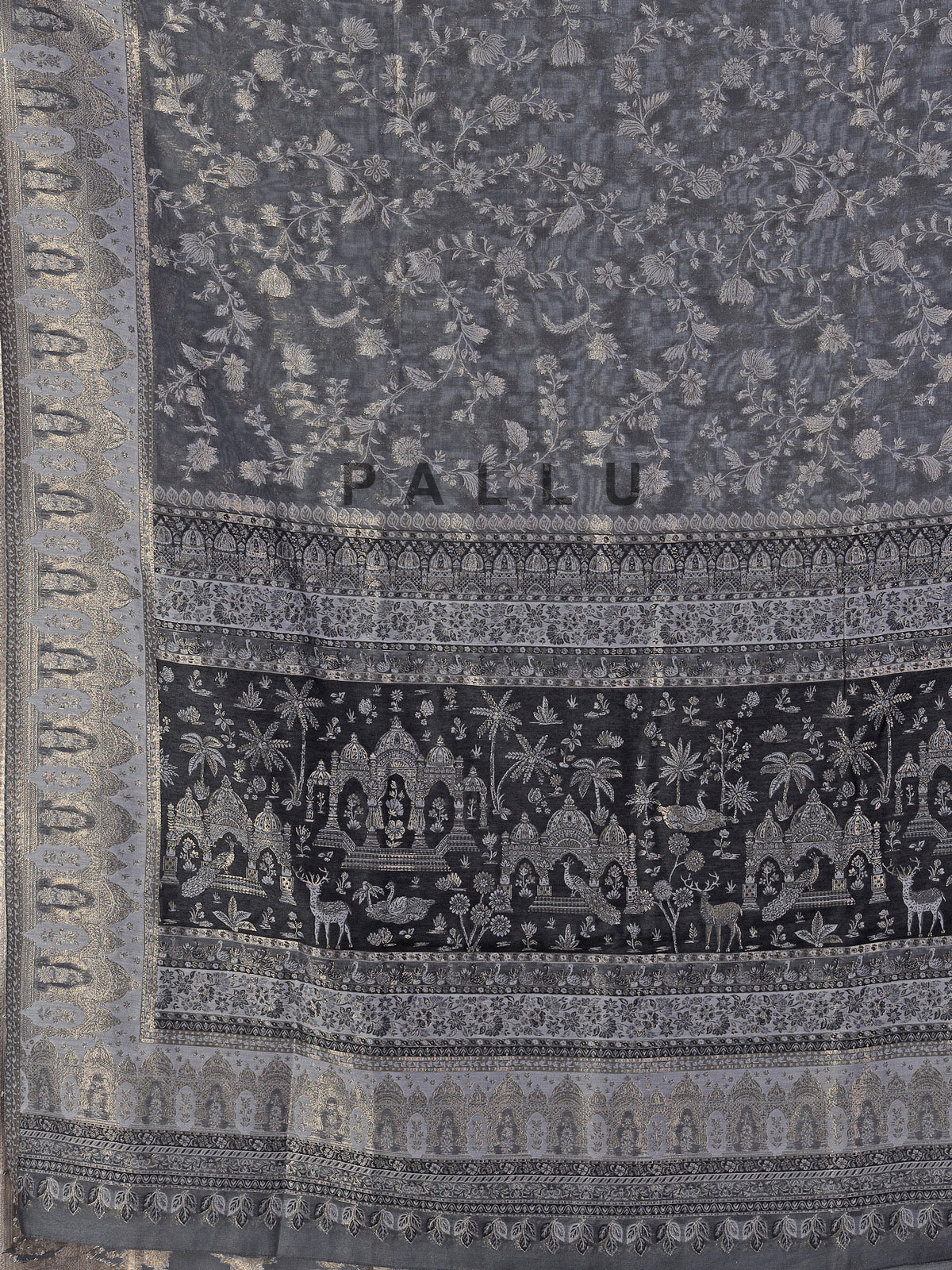 Charcoal black printed pashmina silk saree for festive events