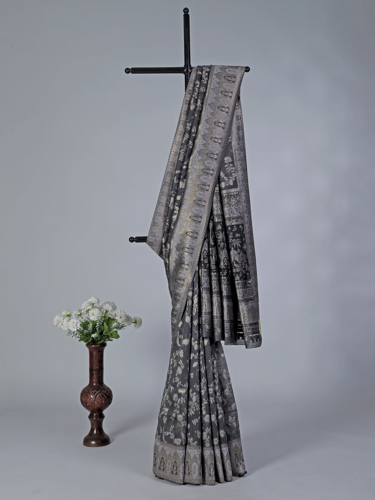 Charcoal black printed pashmina silk saree for festive events