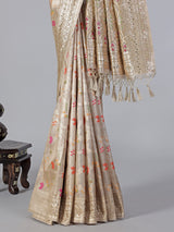 Cream minakari tissue silk saree with colorful motifs