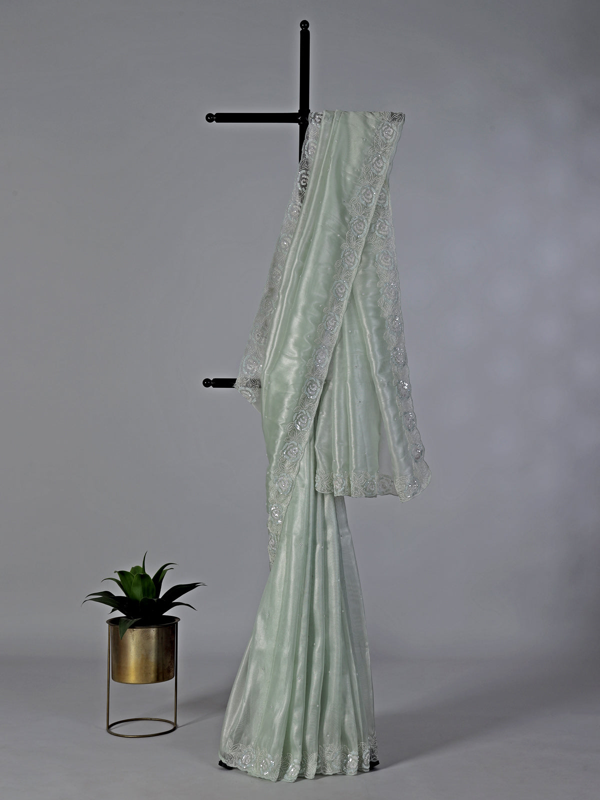 Pista green tissue silk diamond saree