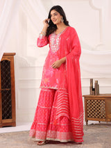 Pink cotton silk printed festive sharara set
