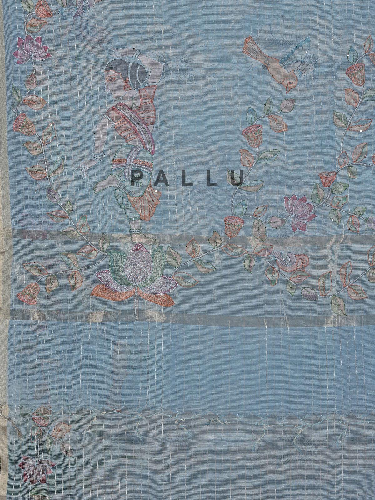 Sky blue floral cotton silk saree