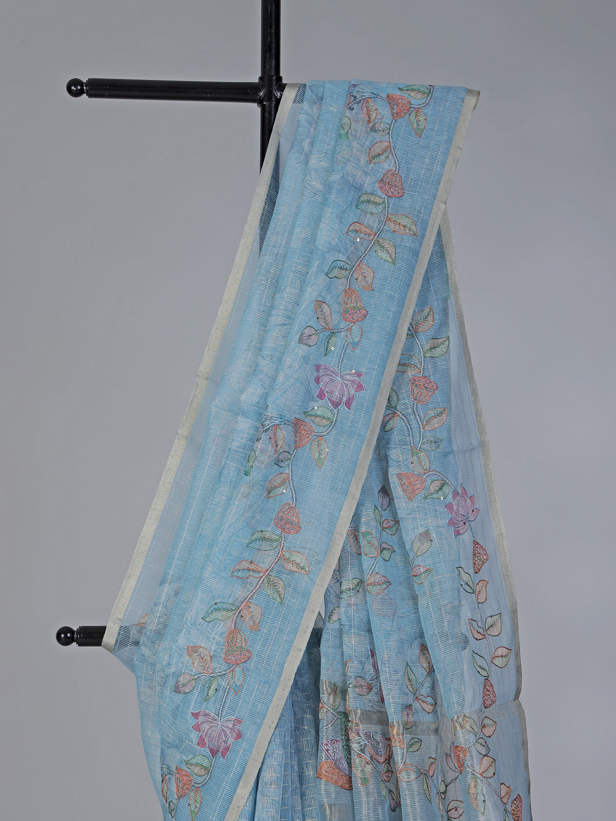 Sky blue floral cotton silk saree