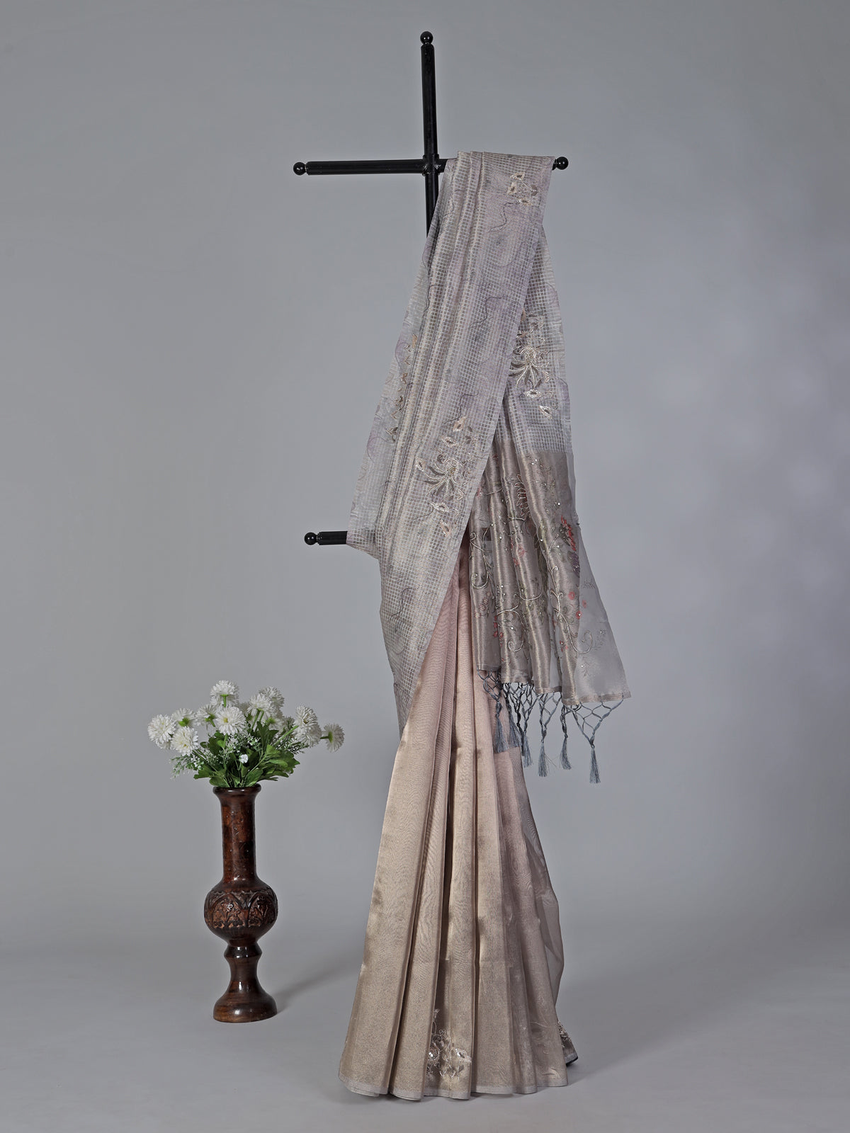 Peach grey semi tissue silk zardosi saree