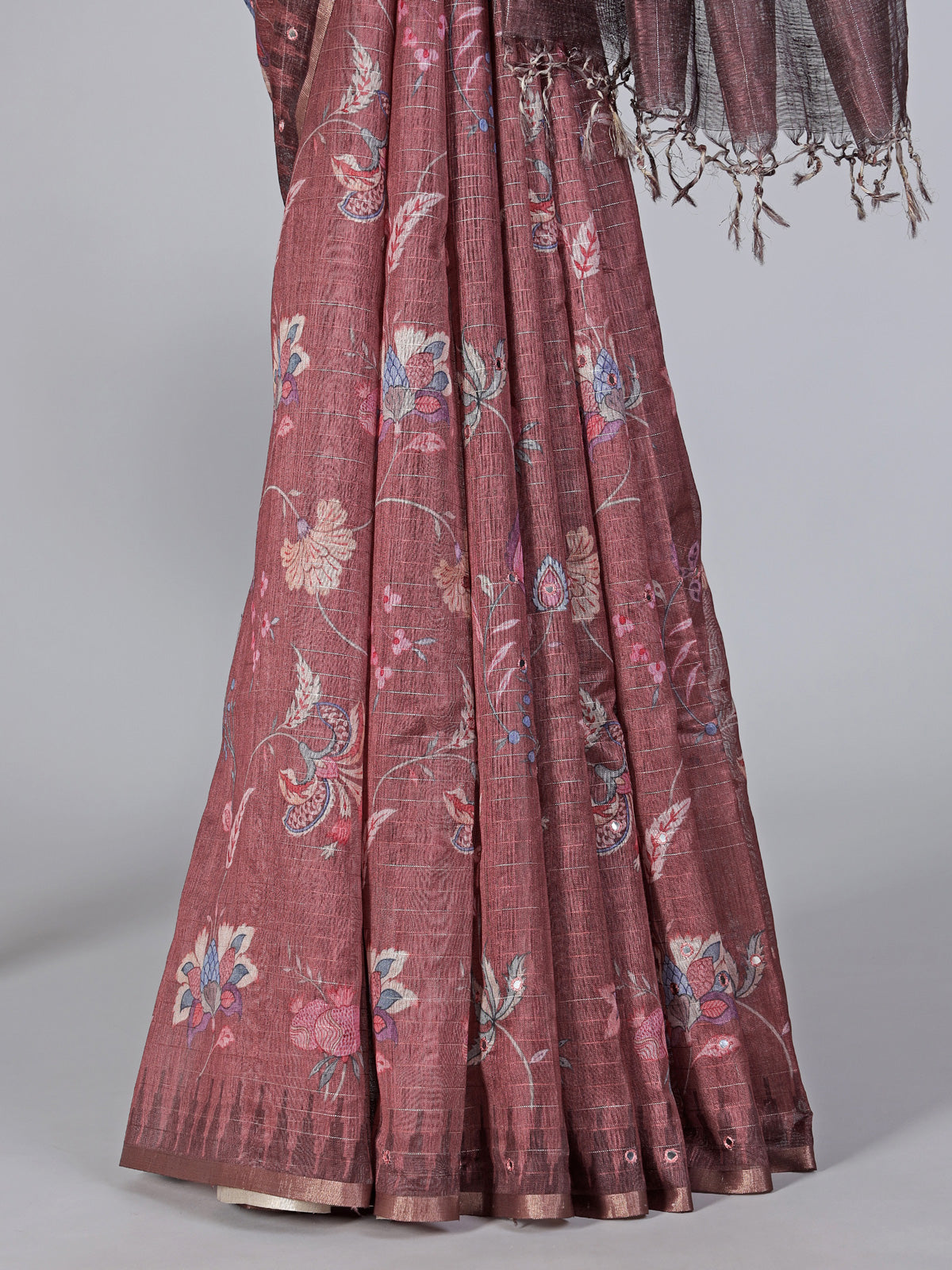 Brown floral printe and mirror work saree
